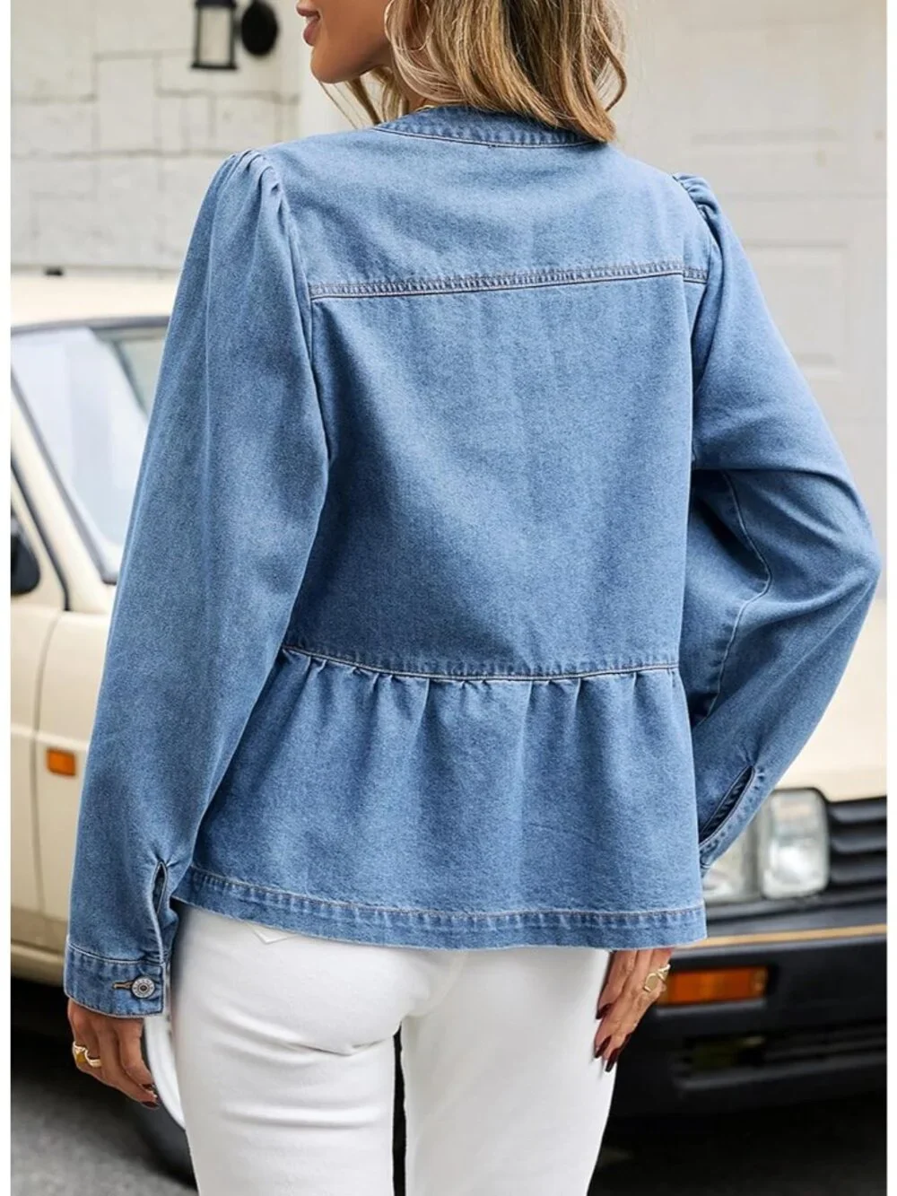 Women's Blue Button Down Long Sleeve Collarless Cinched Waist Denim Jackets